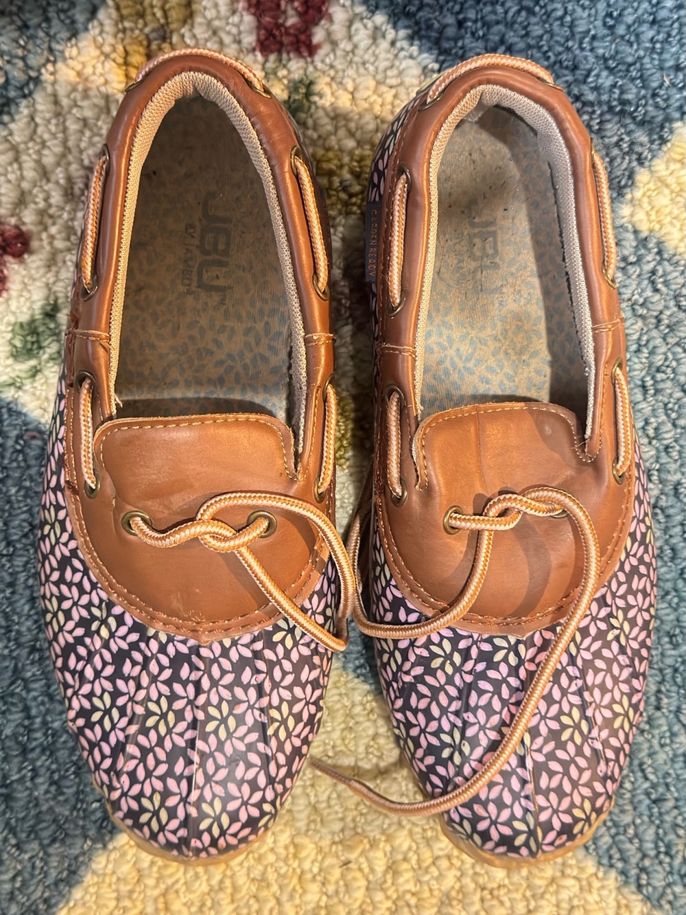 JBU Floral Canvas Slip-On Boat Shoes in Brown and Pink